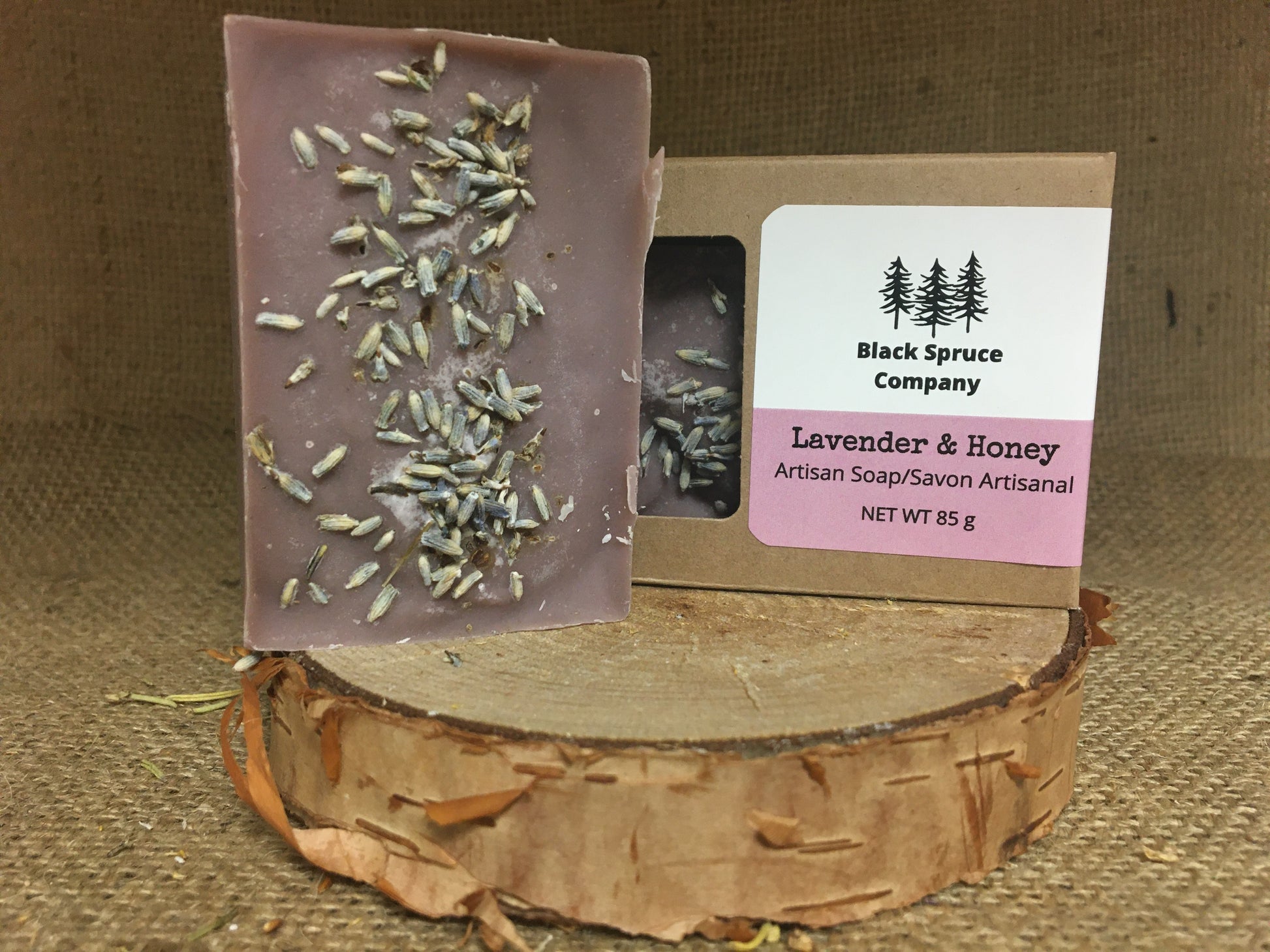 Lavender and Honey Soap with one upright display and one in box