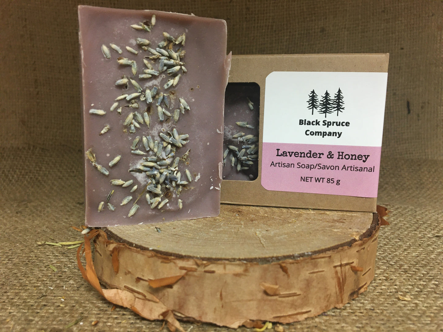 Lavender and Honey Soap with one upright display and one in box