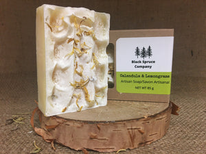 Calendula and Lemongrass Soap standing upright with another soap in a box