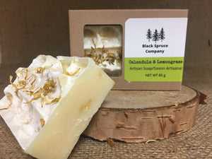 Calendula and Lemongrass Soap with close up of one soap